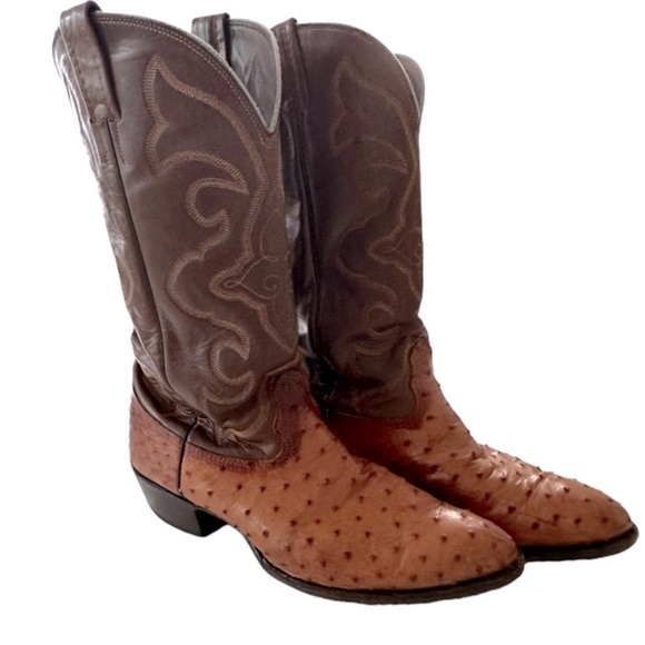 LARRY MAHAN OSTRICH LEATHER COWBOY BOOTS SIZE 9.5 - Picture 1 of 14